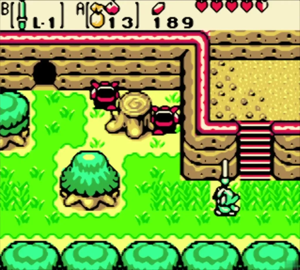 Link walking west along the cliff with Octoroks near a stump and stairs Link walking west along the cliff with Octoroks near a stump and stairs