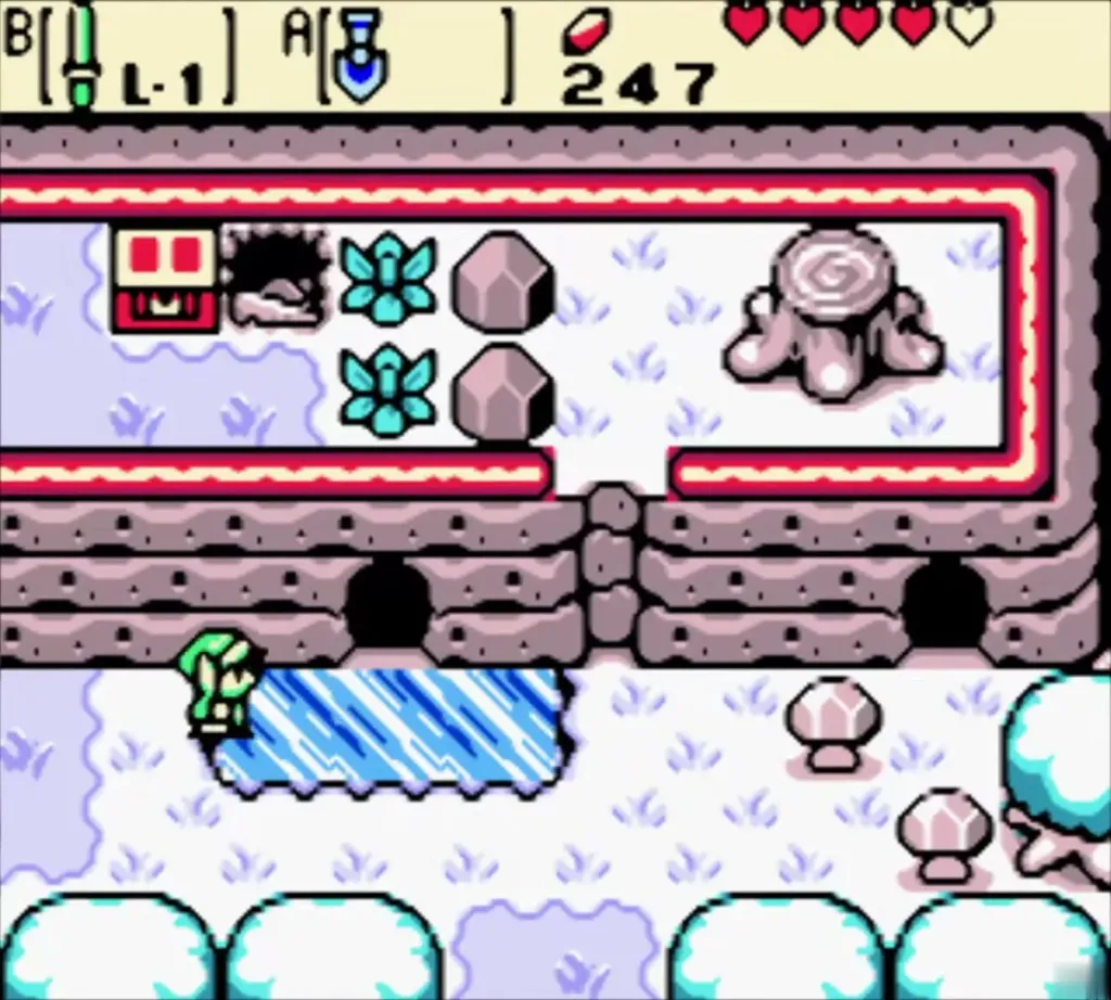 Link walking across the frozen pond toward the left cave Link walking across the frozen pond toward the left cave