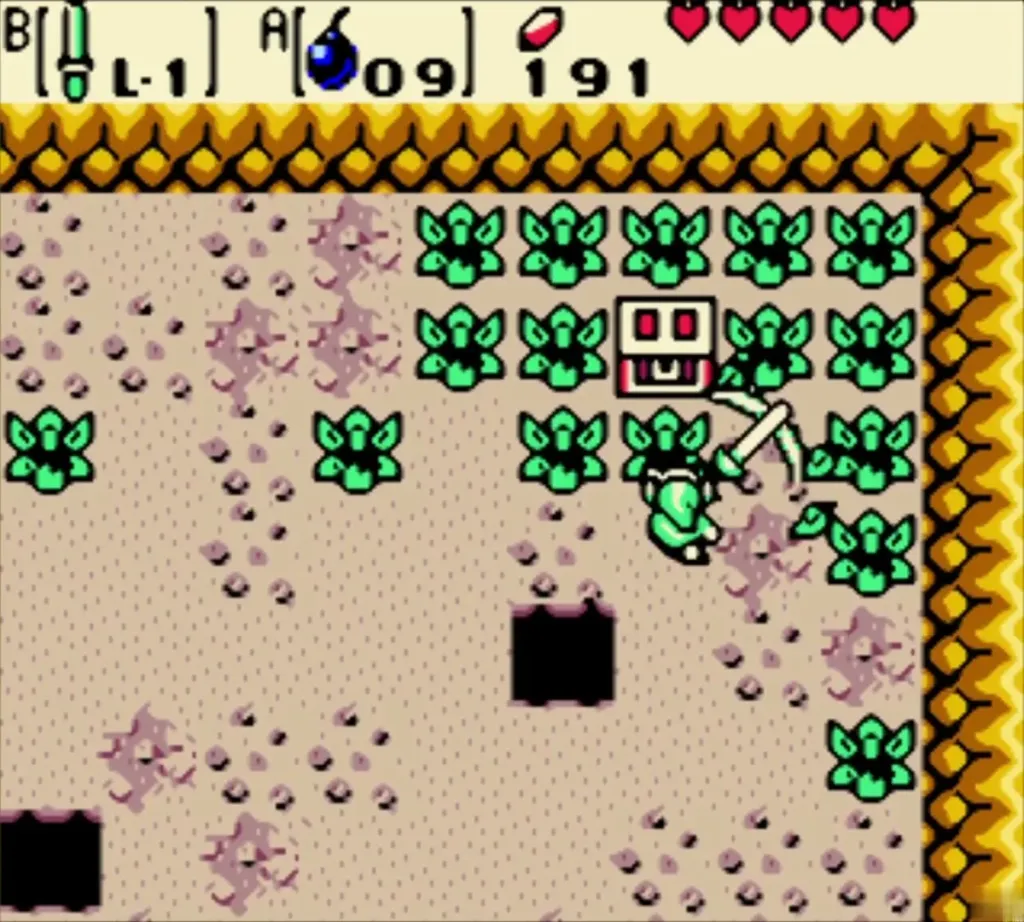 Link slashing through bushes toward the chest in the cave Link slashing through bushes toward the chest in the cave