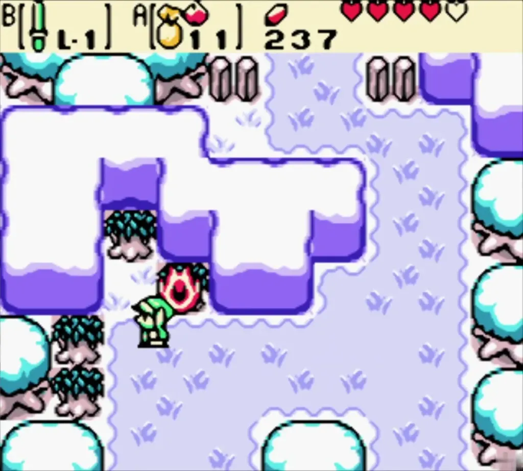 Link shooting an Ember Seed that sets a bush on fire in the snow Link shooting an Ember Seed that sets a bush on fire in the snow