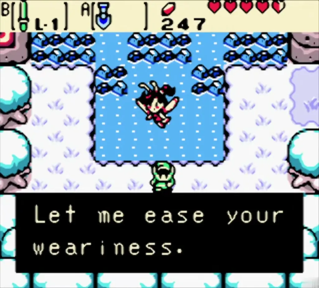 The fairy in the frozen pond telling Link she will ease his weariness The fairy in the frozen pond telling Link she will ease his weariness