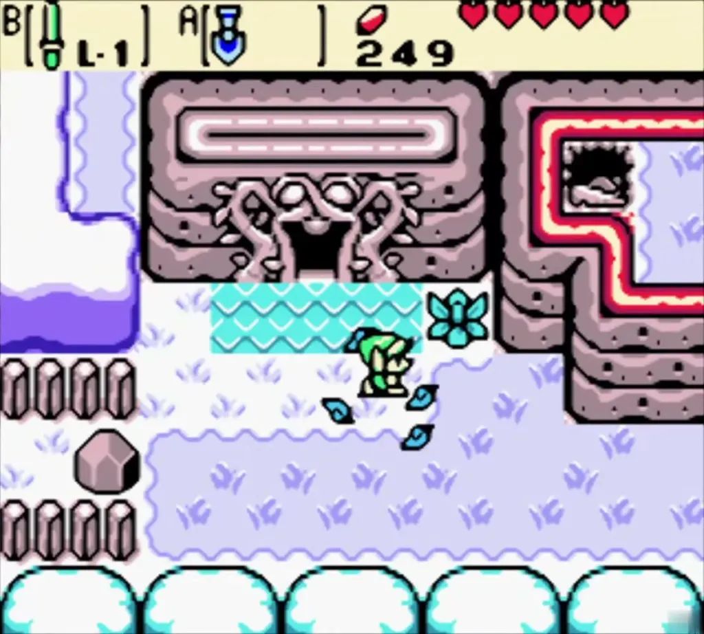 Link beside the frozen water in front of the Snake's Remains door Link beside the frozen water in front of the Snake's Remains door