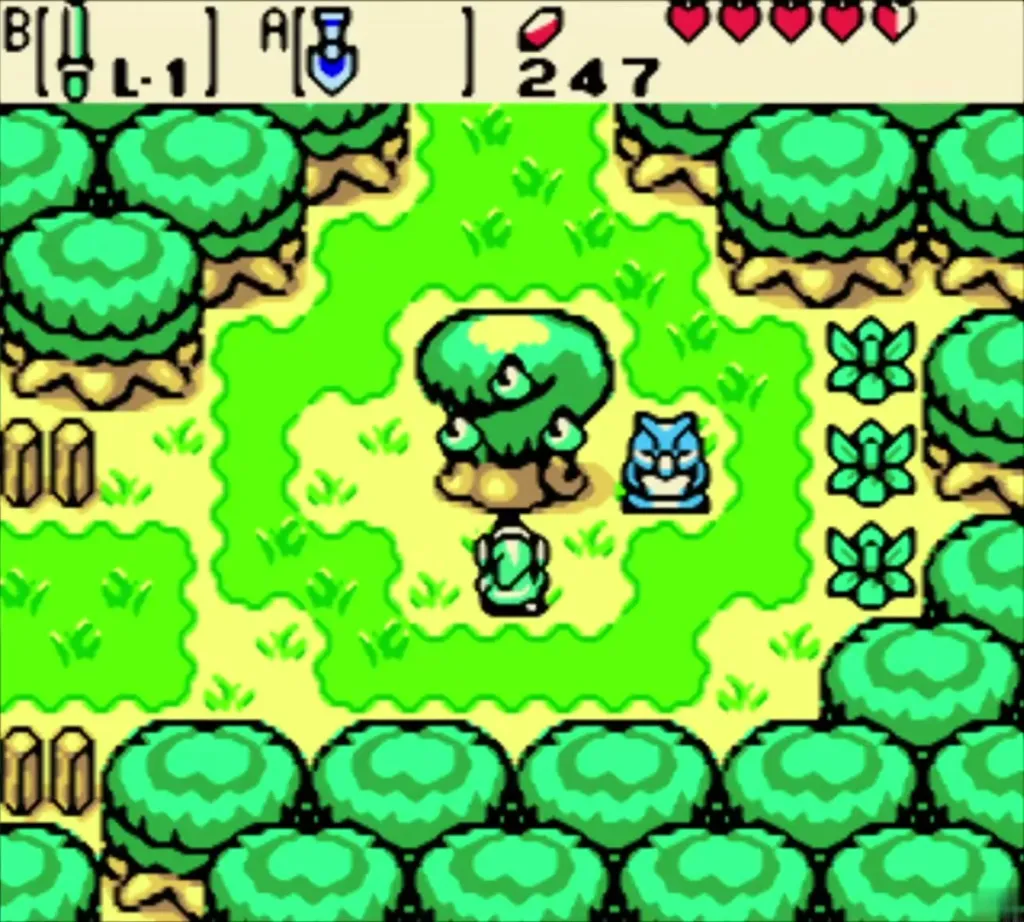 Link walking toward the lone seed tree in the green glade Link walking toward the lone seed tree in the green glade