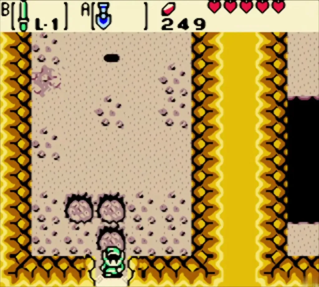 Link stepping out of the sandy cave through the south exit Link stepping out of the sandy cave through the south exit