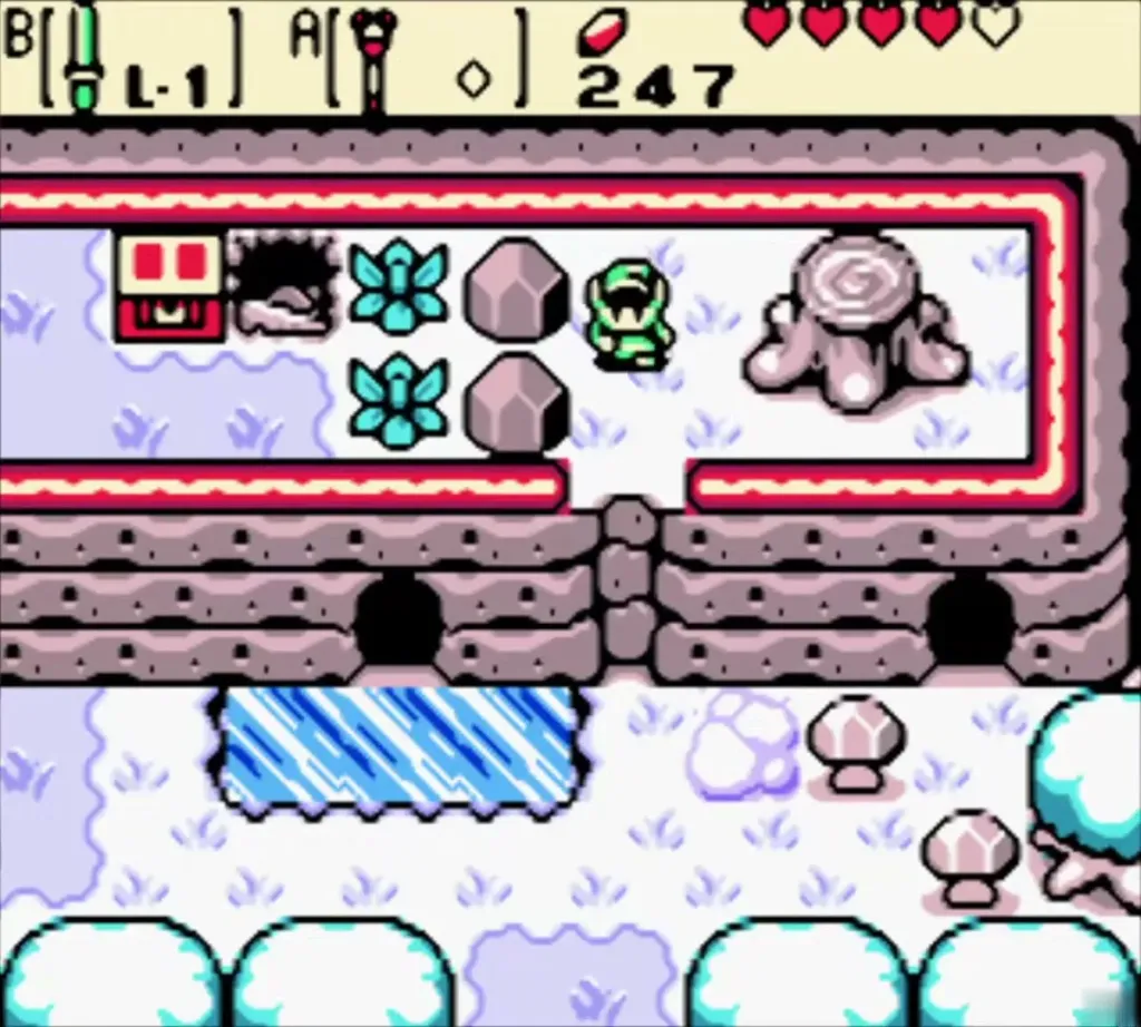 The same screen in winter with the pond frozen in front of the left cave The same screen in winter with the pond frozen in front of the left cave