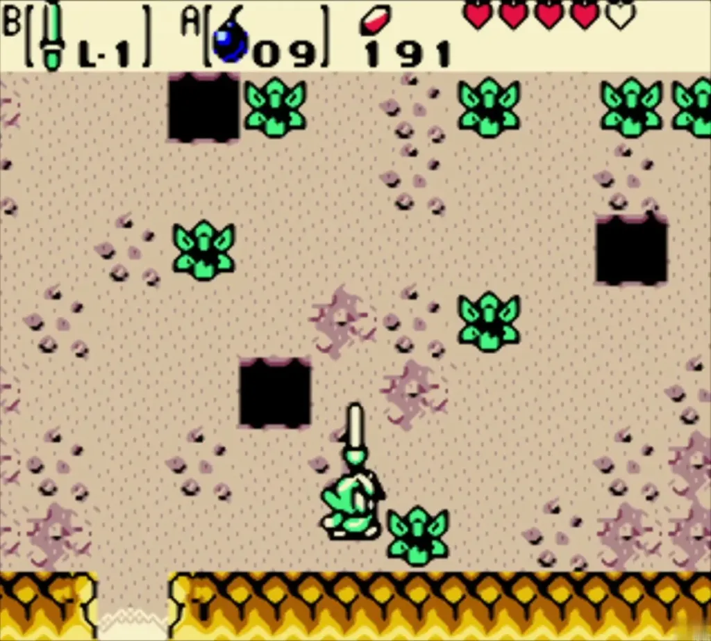 Link with sword raised in the sandy cave with bushes and pits Link with sword raised in the sandy cave with bushes and pits
