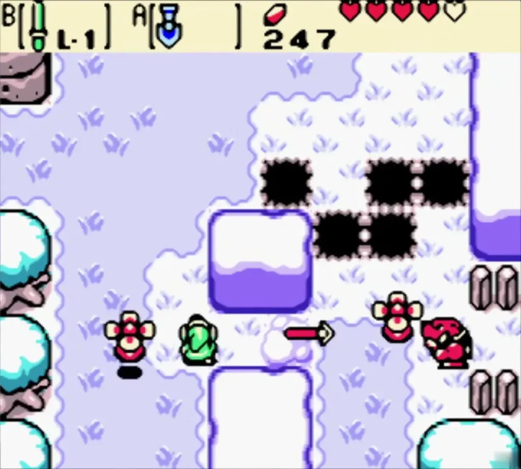 Link in the snow field with pits and moving enemies before the season changes Link in the snow field with pits and moving enemies before the season changes