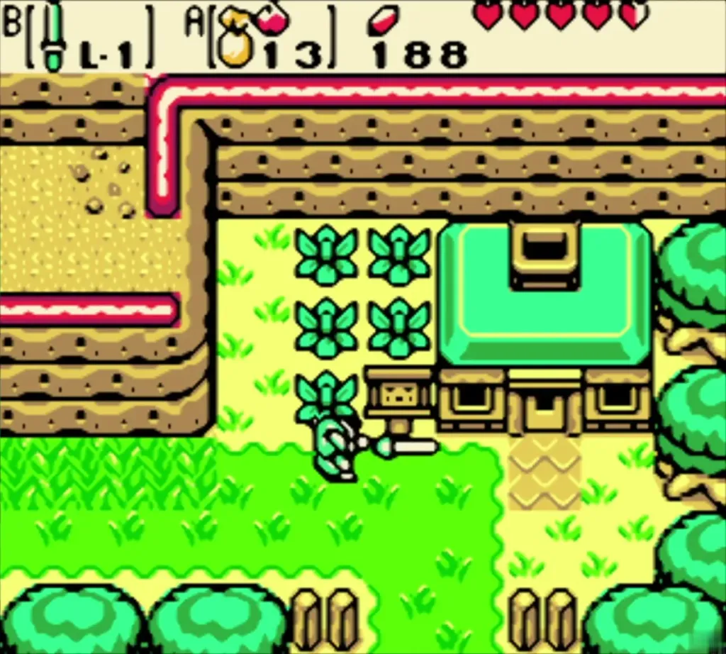 Link with sword out beside the signpost by the house in summer Link with sword out beside the signpost by the house in summer
