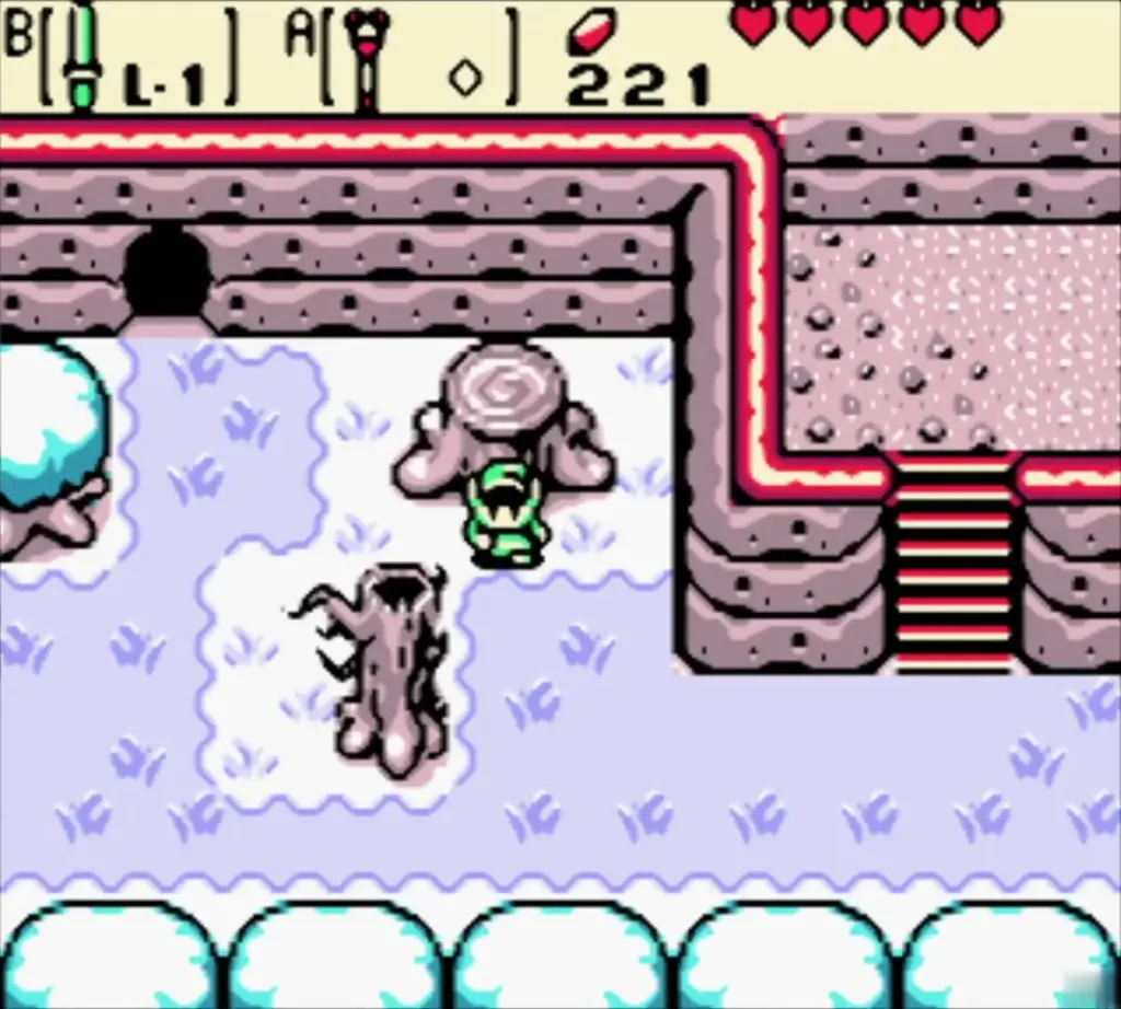 Link on the stump after the Rod of Seasons turned the screen to winter Link on the stump after the Rod of Seasons turned the screen to winter