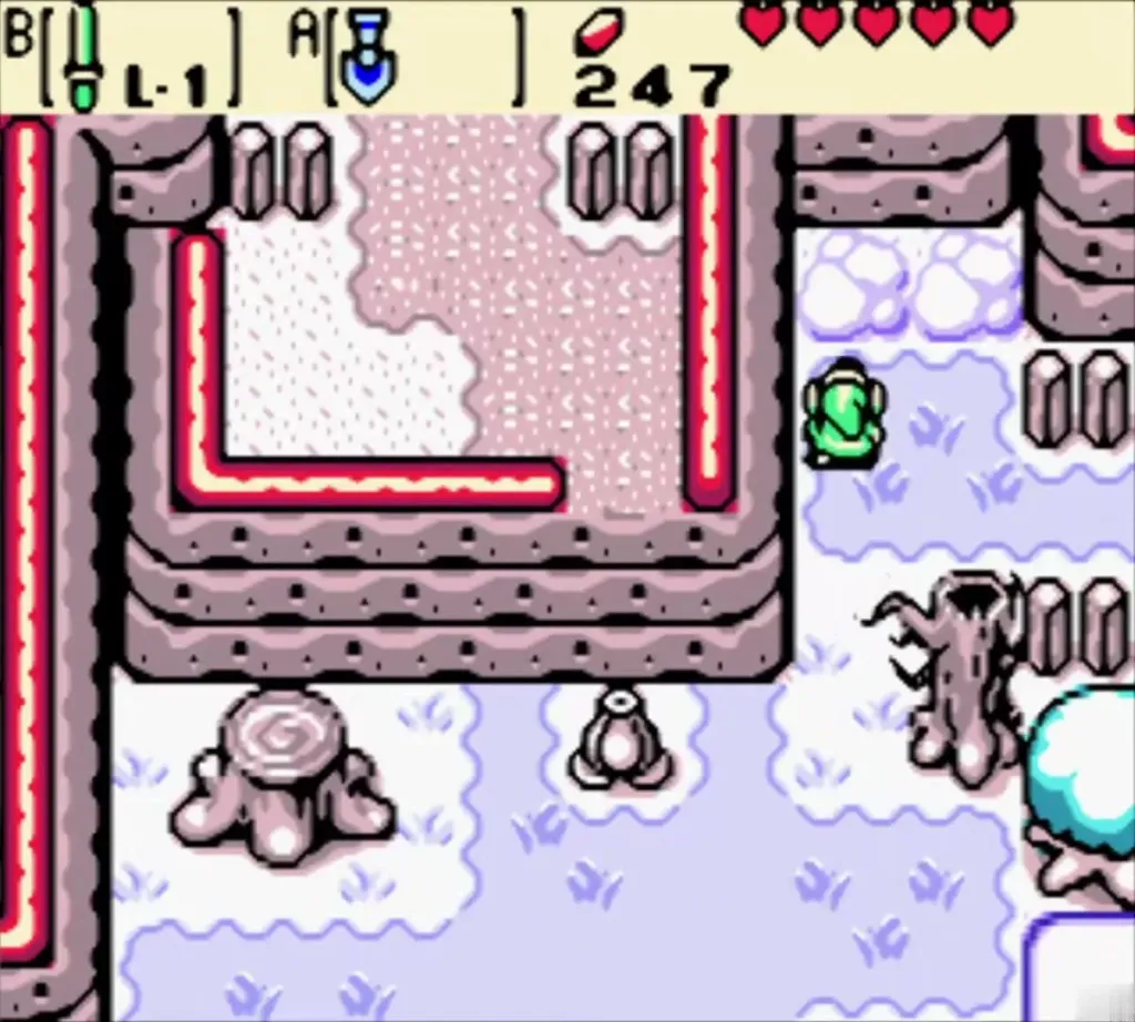 Link in the snowy Woods of Winter near the stump on a walled screen Link in the snowy Woods of Winter near the stump on a walled screen