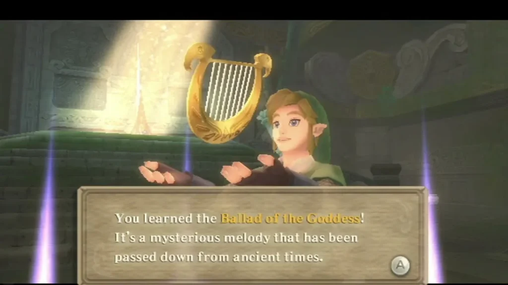 Link learns the Ballad of the Goddess, and a golden harp floats above him in a shaft of light Link learns the Ballad of the Goddess, and a golden harp floats above him in a shaft of light