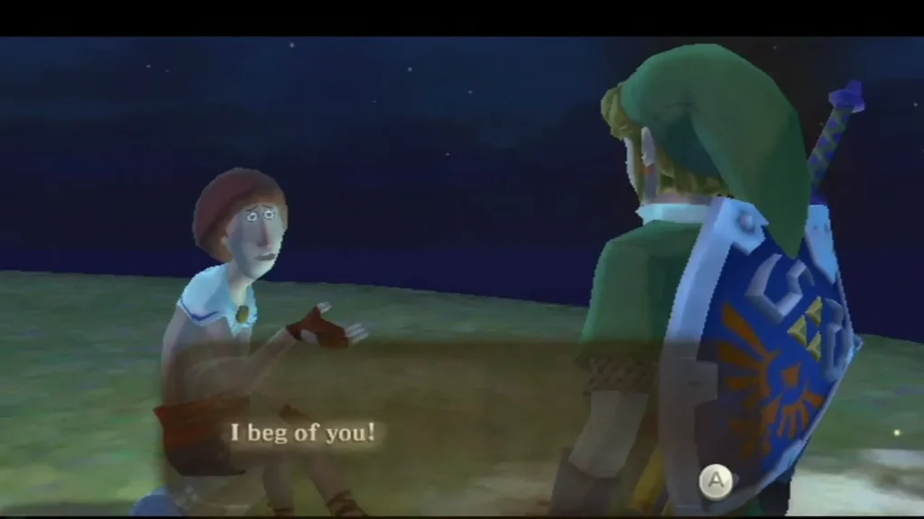 At night on Skyloft, Beedle kneels on the grass and begs Link to find his missing beetle. At night on Skyloft, Beedle kneels on the grass and begs Link to find his missing beetle.