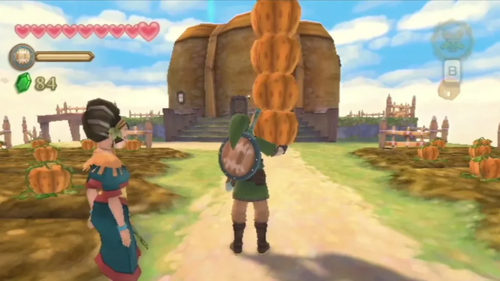 Link carries a tall stack of pumpkins up a farm path, with Kina standing nearby Link carries a tall stack of pumpkins up a farm path, with Kina standing nearby