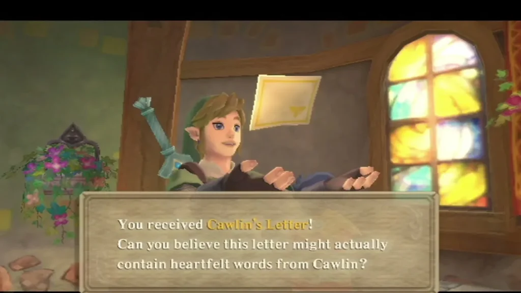 Link holds up Cawlin's Letter, and the box says it might contain heartfelt words from Cawlin. Link holds up Cawlin's Letter, and the box says it might contain heartfelt words from Cawlin.