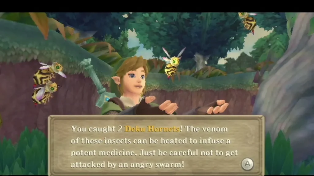 Link catches two Deku Hornets in a forest, and the box warns about their angry swarm Link catches two Deku Hornets in a forest, and the box warns about their angry swarm
