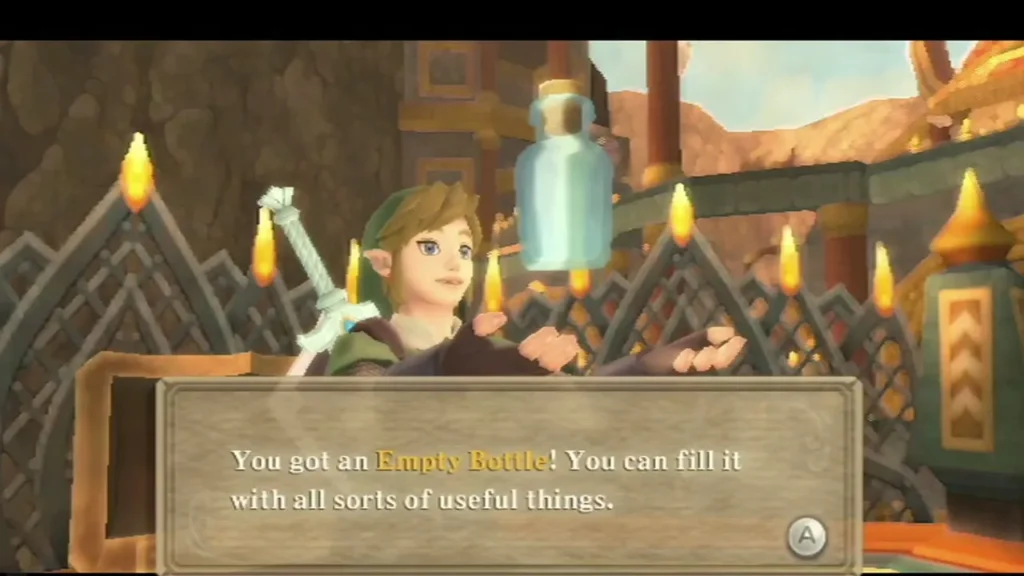 Link holds up an Empty Bottle in a candlelit golden hall, and the box says it can be filled with useful things Link holds up an Empty Bottle in a candlelit golden hall, and the box says it can be filled with useful things
