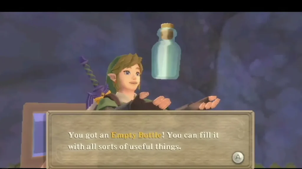 Link holds up a new Empty Bottle, and the box says it can be filled with all sorts of useful things Link holds up a new Empty Bottle, and the box says it can be filled with all sorts of useful things