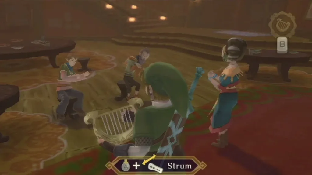 Link plays the harp on the floor of the Skyloft bar while the crowd watches, with a Strum prompt on screen. Link plays the harp on the floor of the Skyloft bar while the crowd watches, with a Strum prompt on screen.