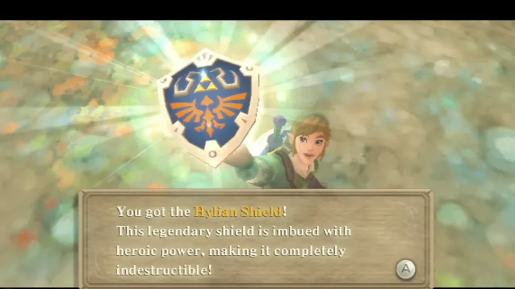 Link holds up the Hylian Shield, and the box calls it completely indestructible Link holds up the Hylian Shield, and the box calls it completely indestructible