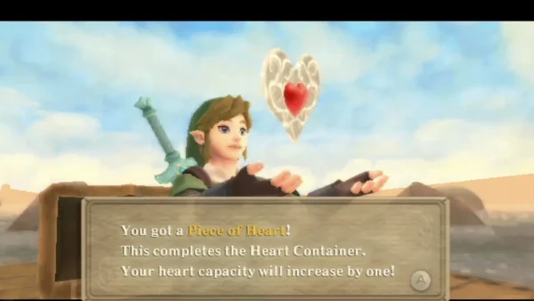 Link holds up a Piece of Heart on a Sand Sea ship deck, and the box says it completes a Heart Container Link holds up a Piece of Heart on a Sand Sea ship deck, and the box says it completes a Heart Container