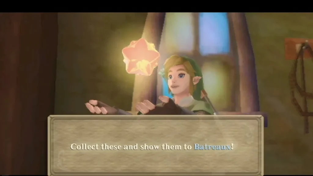 Link holds up one glowing Gratitude Crystal, and the box says to show them to Batreaux Link holds up one glowing Gratitude Crystal, and the box says to show them to Batreaux