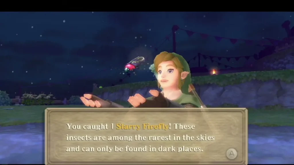 Link catches a Starry Firefly at night, and the box says these insects are only found in dark places. Link catches a Starry Firefly at night, and the box says these insects are only found in dark places.