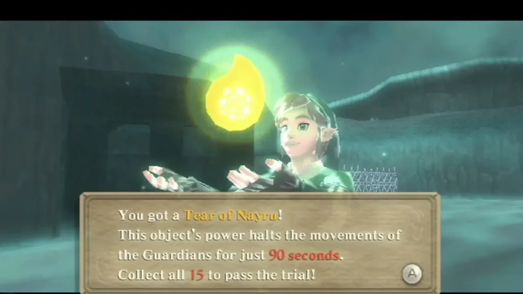 Link holds up a Tear of Nayru in Nayru's Silent Realm, and the box says to collect all 15 to pass. Link holds up a Tear of Nayru in Nayru's Silent Realm, and the box says to collect all 15 to pass.