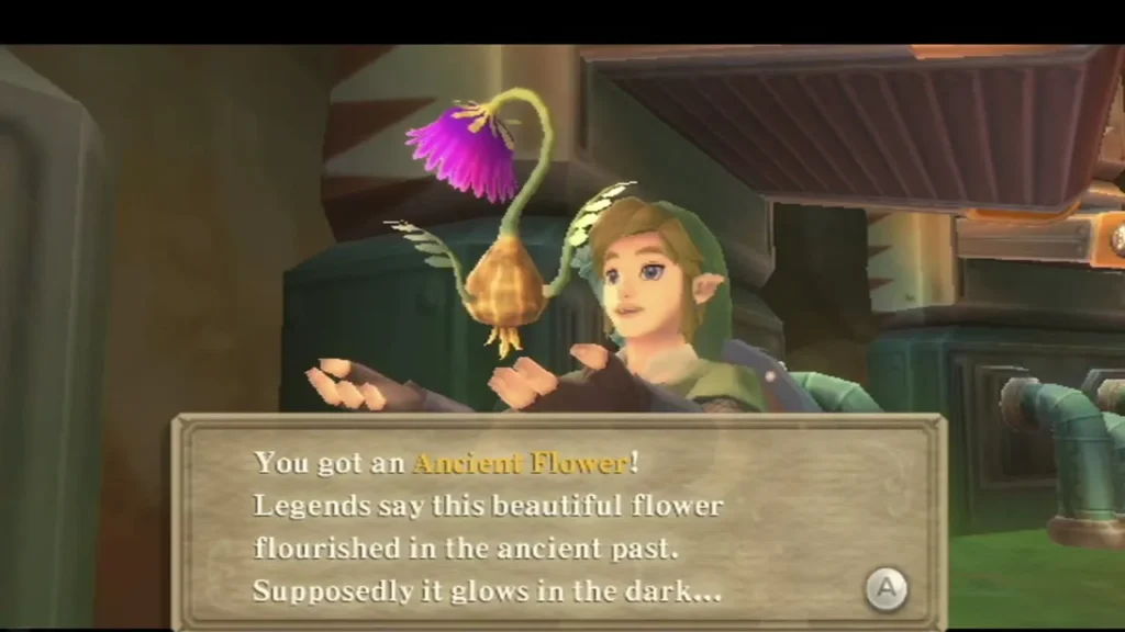 Link holds up an Ancient Flower near green machinery, and the box says it supposedly glows in the dark Link holds up an Ancient Flower near green machinery, and the box says it supposedly glows in the dark