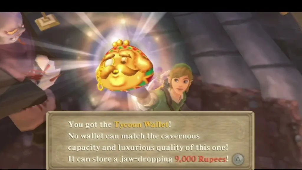 Batreaux hands over the Tycoon Wallet, and the box says it can store 9,000 Rupees. Batreaux hands over the Tycoon Wallet, and the box says it can store 9,000 Rupees.