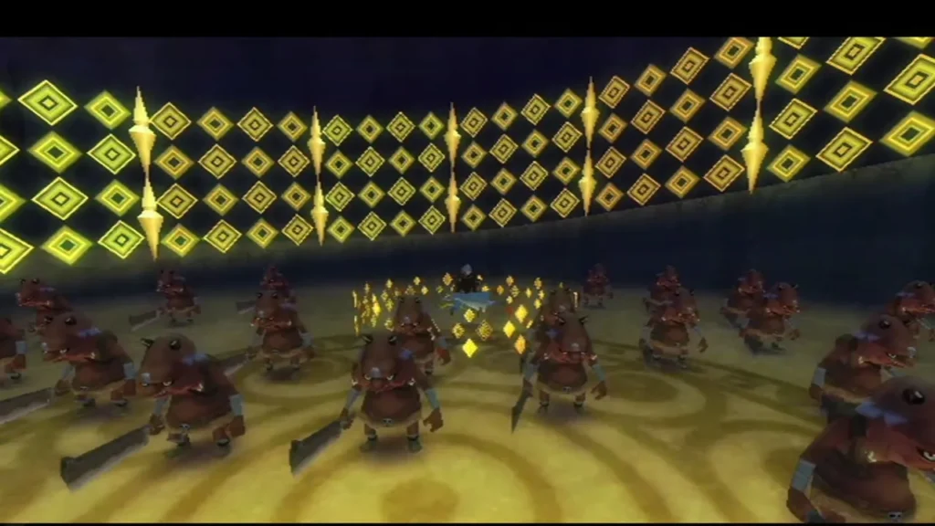 A huge crowd of Bokoblins fills the arena beneath a wall of golden glyphs, with Link at its center. A huge crowd of Bokoblins fills the arena beneath a wall of golden glyphs, with Link at its center.