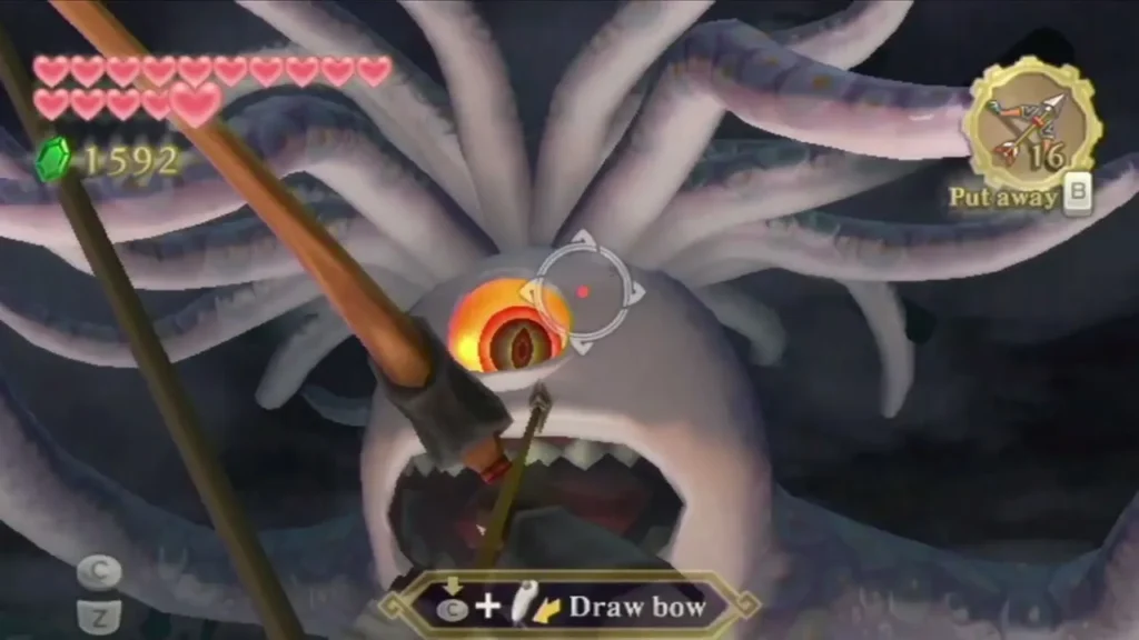 Link draws the bow at the glowing eye of Tentalus, its toothed mouth and tentacles around it Link draws the bow at the glowing eye of Tentalus, its toothed mouth and tentacles around it