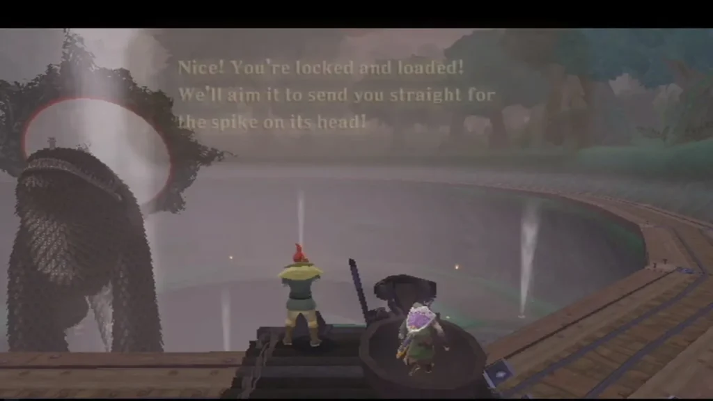 A message says Link is locked and loaded, aimed at the spike on the Imprisoned's head from the cannon rails. A message says Link is locked and loaded, aimed at the spike on the Imprisoned's head from the cannon rails.