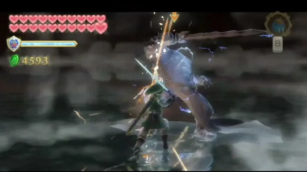 Demise's blade crackles with lightning as it clashes with Link's Master Sword over the stormy water. Demise's blade crackles with lightning as it clashes with Link's Master Sword over the stormy water.