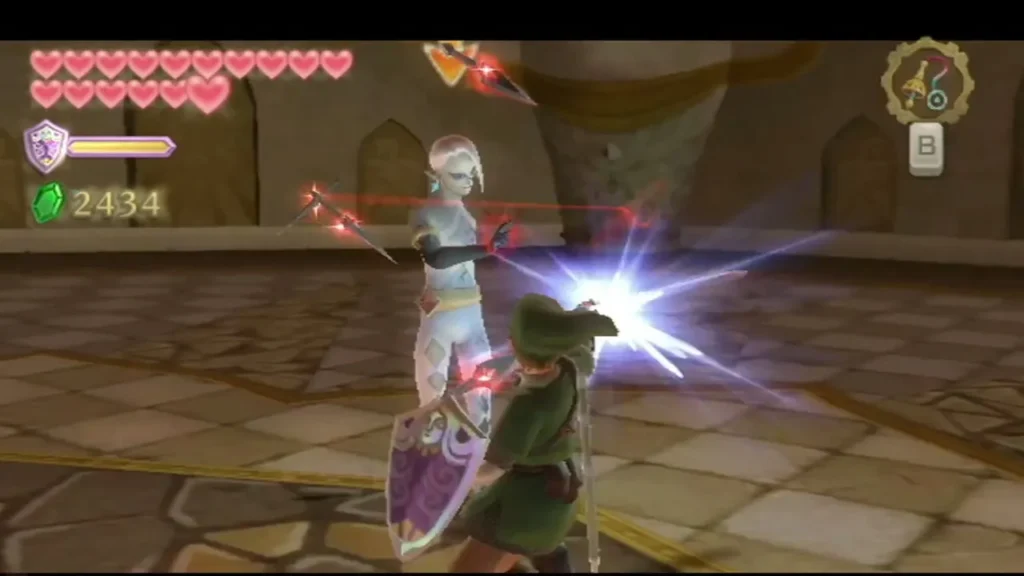 Link's sword meets Ghirahim's slim blade in a burst of light during the Fire Sanctuary duel Link's sword meets Ghirahim's slim blade in a burst of light during the Fire Sanctuary duel