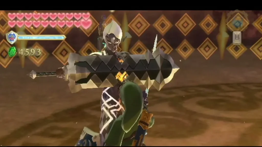 Ghirahim holds his jagged dark broadsword level across his body as Link stands close in front of him. Ghirahim holds his jagged dark broadsword level across his body as Link stands close in front of him.