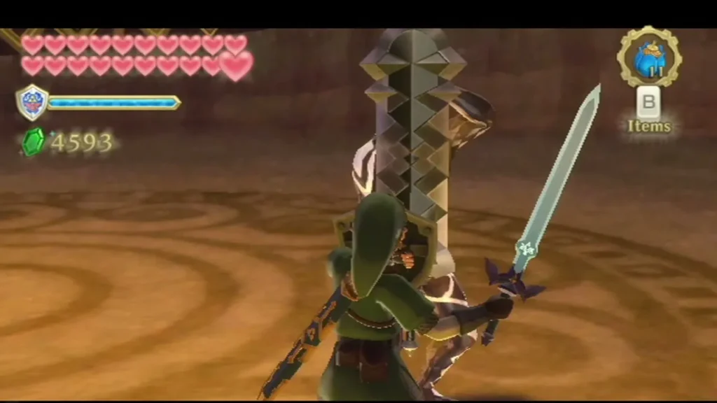 Ghirahim raises his jagged dark broadsword upright behind Link's shield in the golden-tiled arena. Ghirahim raises his jagged dark broadsword upright behind Link's shield in the golden-tiled arena.