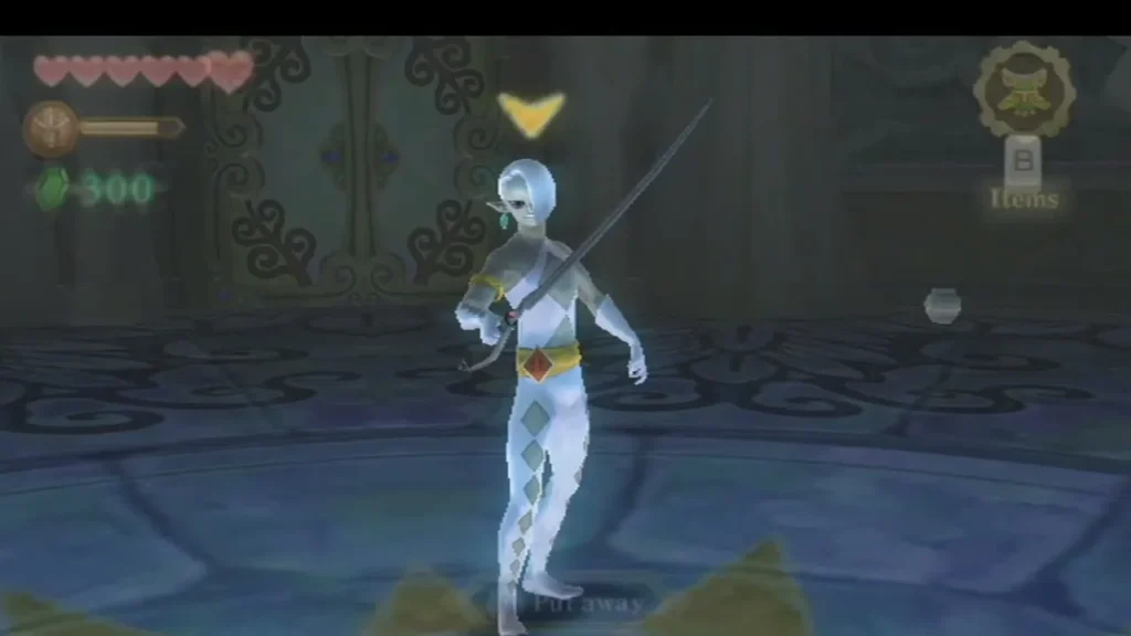 Demon Lord Ghirahim holds a thin saber in the Skyview Temple arena, its blade angled up across his body. Demon Lord Ghirahim holds a thin saber in the Skyview Temple arena, its blade angled up across his body.