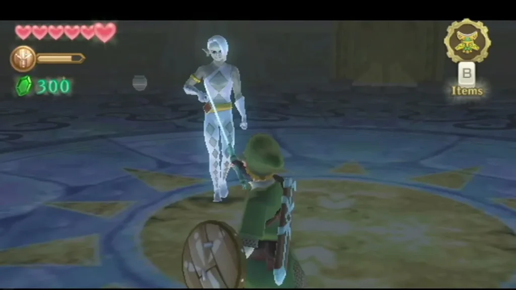 Demon Lord Ghirahim stands unarmed in the arena as Link faces him with sword and shield raised. Demon Lord Ghirahim stands unarmed in the arena as Link faces him with sword and shield raised.