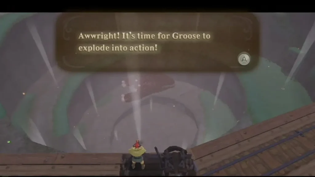 Groose stands at the bomb cannon above the pit, with a box reading that it is time to explode into action. Groose stands at the bomb cannon above the pit, with a box reading that it is time to explode into action.