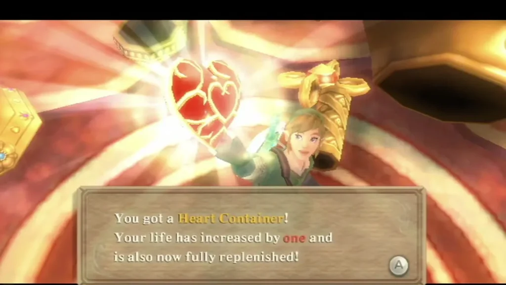 Link holds up a Heart Container, its message box reading that his life has increased by one Link holds up a Heart Container, its message box reading that his life has increased by one