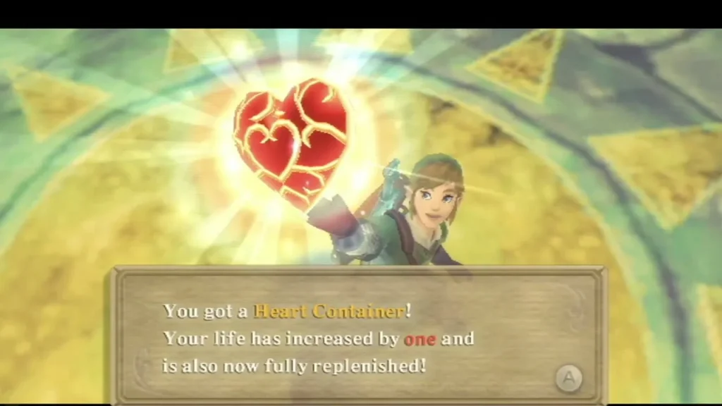 Link holds up a Heart Container after the Ghirahim duel, with the message that his life has increased by one. Link holds up a Heart Container after the Ghirahim duel, with the message that his life has increased by one.