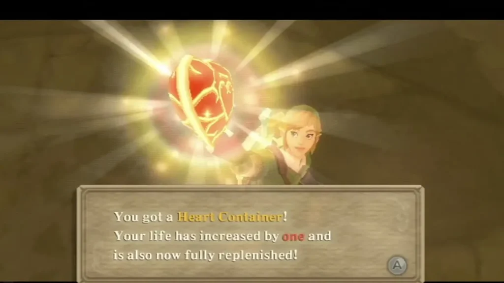 Link holds up a Heart Container after the Scaldera fight, with the box reporting his life is fully replenished. Link holds up a Heart Container after the Scaldera fight, with the box reporting his life is fully replenished.