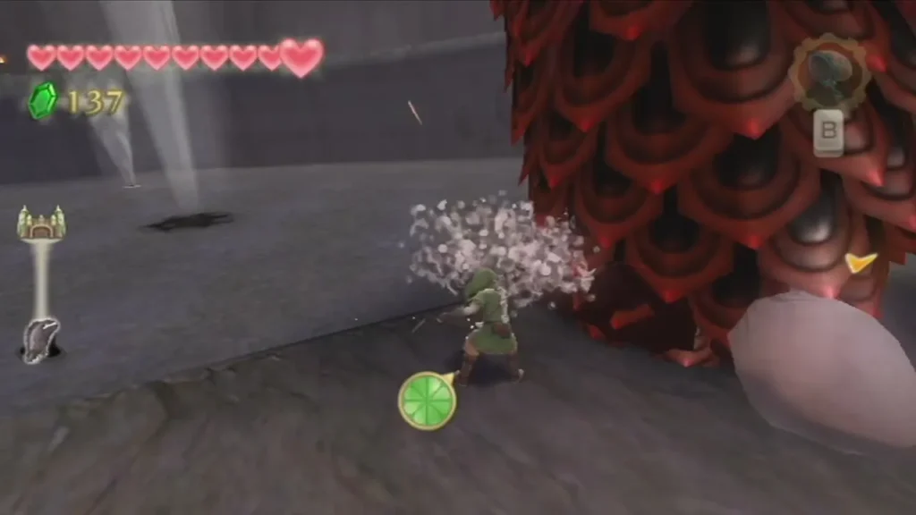 Link slashes one of the Imprisoned's pale toes in the Sealed Grounds arena, dust bursting from the strike Link slashes one of the Imprisoned's pale toes in the Sealed Grounds arena, dust bursting from the strike