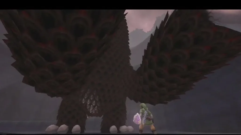 The Imprisoned's pale clawed toes stand on the arena floor, with Link small beside its foot. The Imprisoned's pale clawed toes stand on the arena floor, with Link small beside its foot.