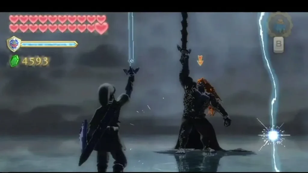 Link raises the Master Sword skyward as lightning strikes the water and Demise lifts his dark blade. Link raises the Master Sword skyward as lightning strikes the water and Demise lifts his dark blade.