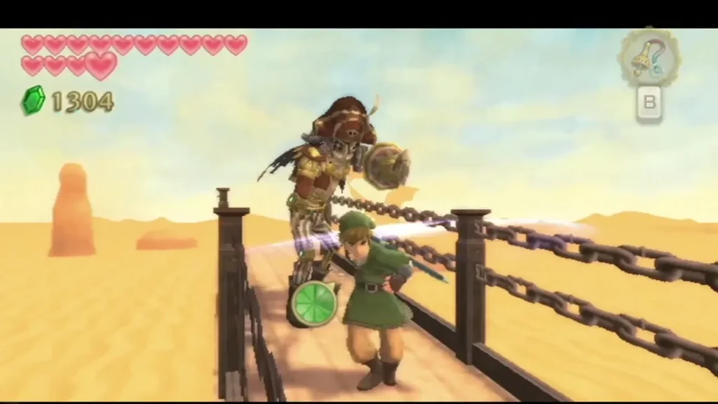 Link thrusts his sword at Scervo, the robot pirate captain, on the narrow chain bridge Link thrusts his sword at Scervo, the robot pirate captain, on the narrow chain bridge