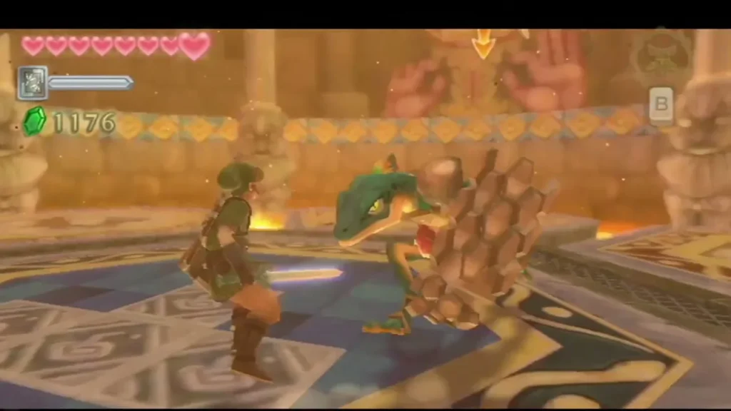 A Lizalfos with a rock-armored back faces Link on the Earth Temple floor, its jaws open. A Lizalfos with a rock-armored back faces Link on the Earth Temple floor, its jaws open.