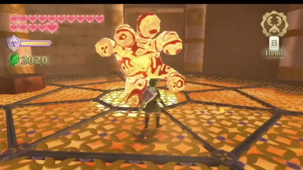 A magma hand rises from the lava floor of the Fire Sanctuary arena while Link stands at its edge A magma hand rises from the lava floor of the Fire Sanctuary arena while Link stands at its edge