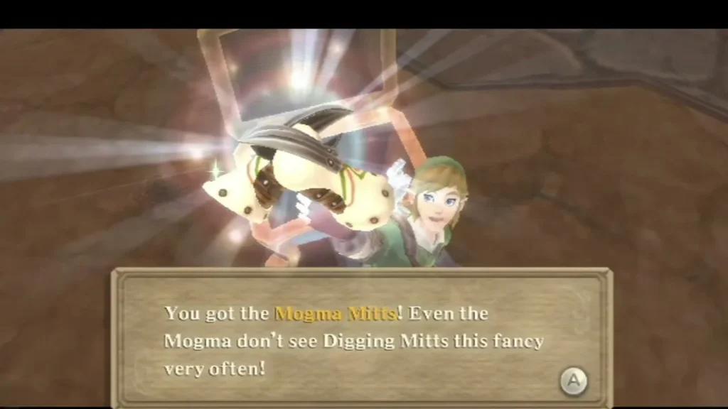 Link holds up the Mogma Mitts while the item box says the Mogma rarely see Digging Mitts this fancy Link holds up the Mogma Mitts while the item box says the Mogma rarely see Digging Mitts this fancy