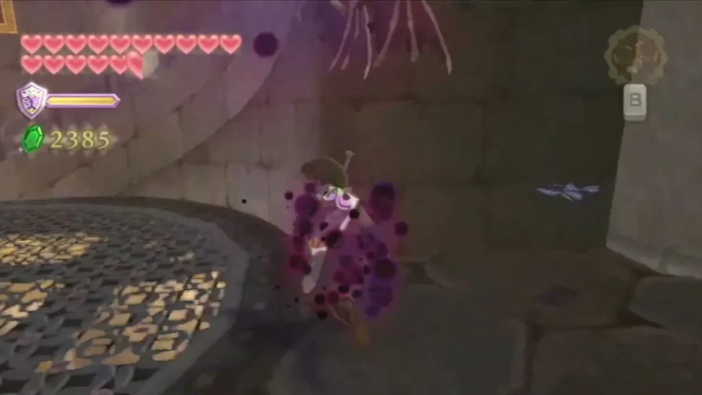 A purple curse cloud swirls around Link as he holds his sword in a Fire Sanctuary corridor A purple curse cloud swirls around Link as he holds his sword in a Fire Sanctuary corridor